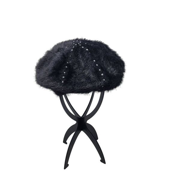 Sole‎ Society Fuzzy Eyelash Black Beret Gunmetal Studded Hat Military City Glam